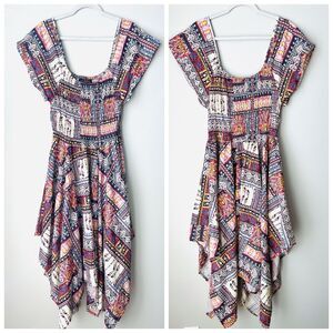 Shore Drive Bohemian Patchwork Whimsical Handkerchief Midi Dress. Size L. EUC.